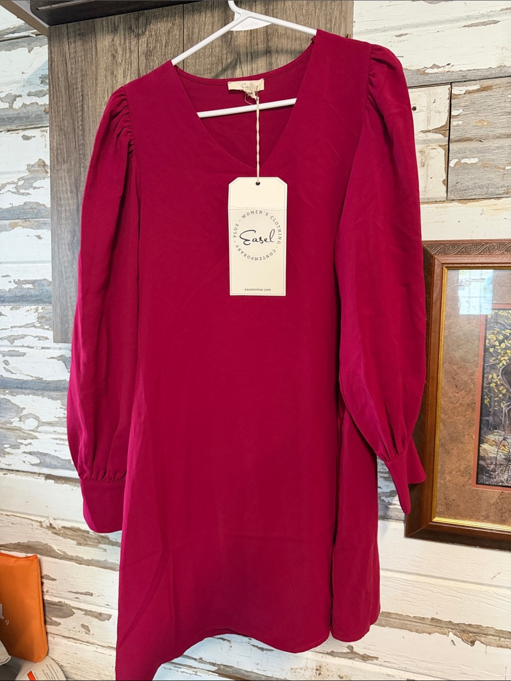 easel Raspberry V-Neck Long Sleeve Shift Dress